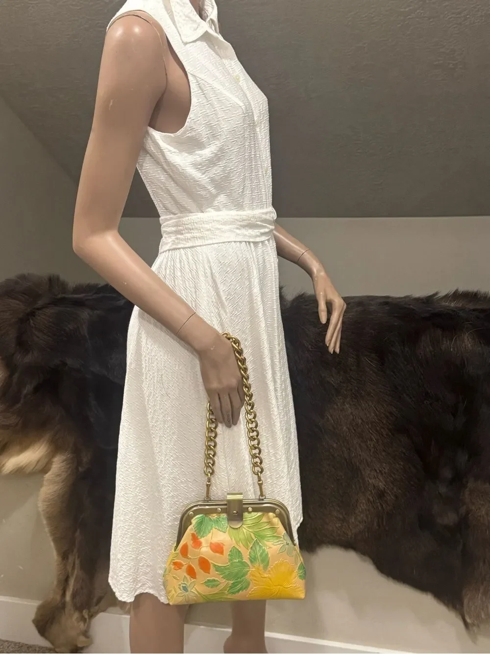 Floral Embossed Cowhide Handmade Unique Rivet Frame Bag, Retro Style Leather Bag
